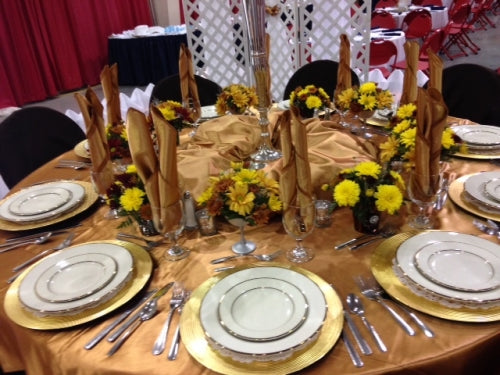 Party and event table set up with glassware and linens